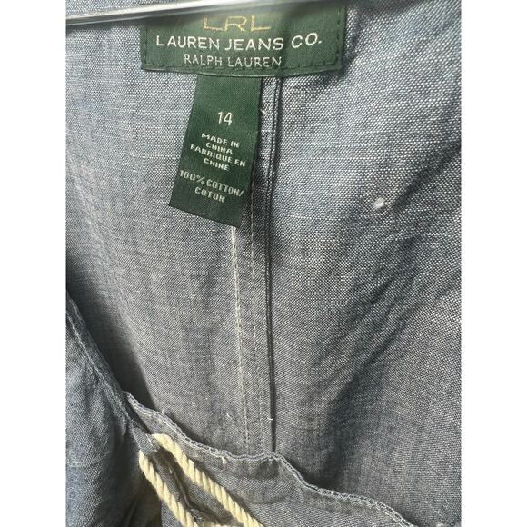 Lauren Ralph Lauren Chambray Denim Dress Size 14 Ruffle Lace Up Knee Length - Picture 10 of 10